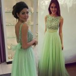 Long Backless Tulle Beading prom Dress -- Mint Green A-Line Scoop with Sash