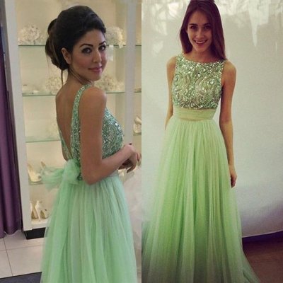 Long Backless Tulle Beading prom Dress -- Mint Green A-Line Scoop with Sash