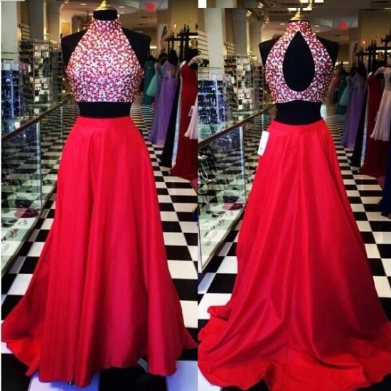 Elegant Prom/Evening Dress - High Neck Two Piece with Beaded - Click Image to Close