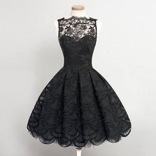 Vintage Bateau Short Black Lace Prom Homecoming Dress with Appliques