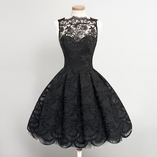 Vintage Bateau Short Black Lace Prom Homecoming Dress with Appliques - Click Image to Close