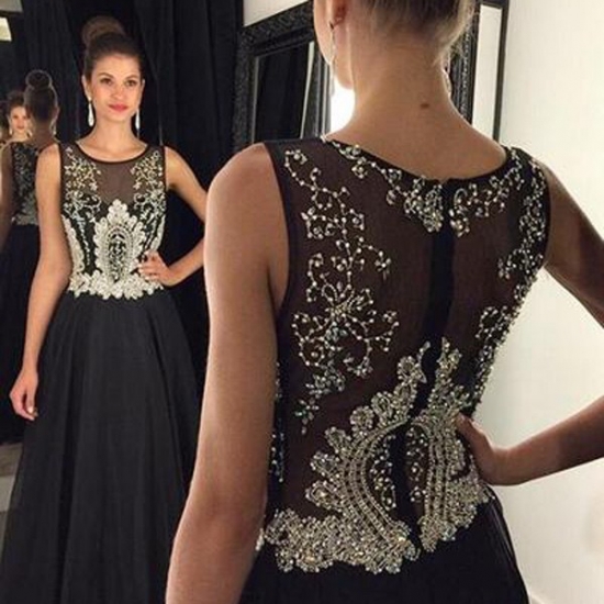 Elegant Long Prom Dress - Black Scoop with Beaded for Women - Click Image to Close
