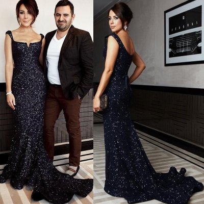Stunning Long Prom/Evening Party Dress - Dark Navy Sheath Sequined with Sash