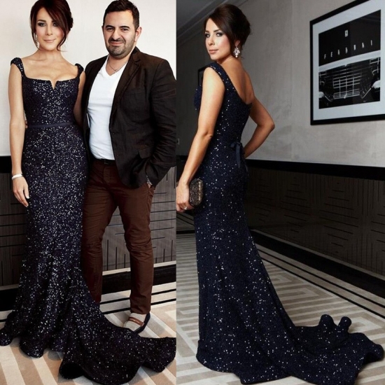 Stunning Long Prom/Evening Party Dress - Dark Navy Sheath Sequined with Sash - Click Image to Close