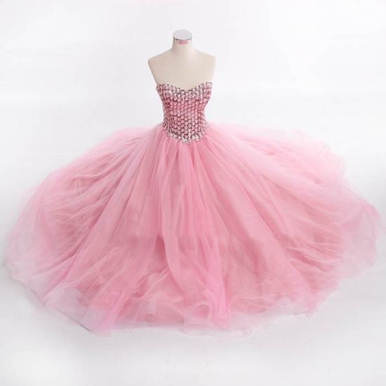 Cute Long Princess Prom Dress - Pink Blush Ball Gown Sweetheart with Rhinestone - Click Image to Close