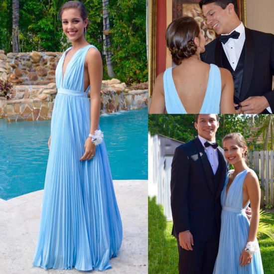 Sexy Long Prom Dress - Sky Blue Cut Low Neck for Party Under 100 - Click Image to Close