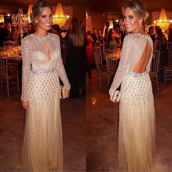 Luxurious Crew Floor Length Prom Party Dress - Open Back Beading with Long Sleeves - Click Image to Close