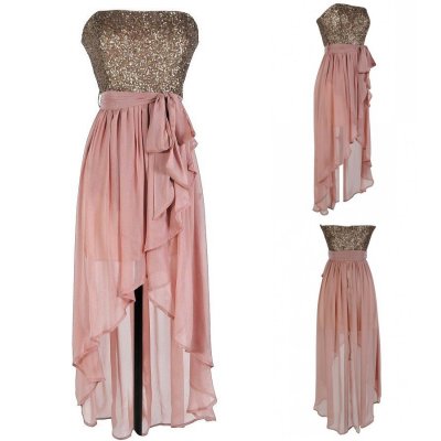 Modern Strapless Sequins High-low Blush Long Bridesmaid Dress With Sash