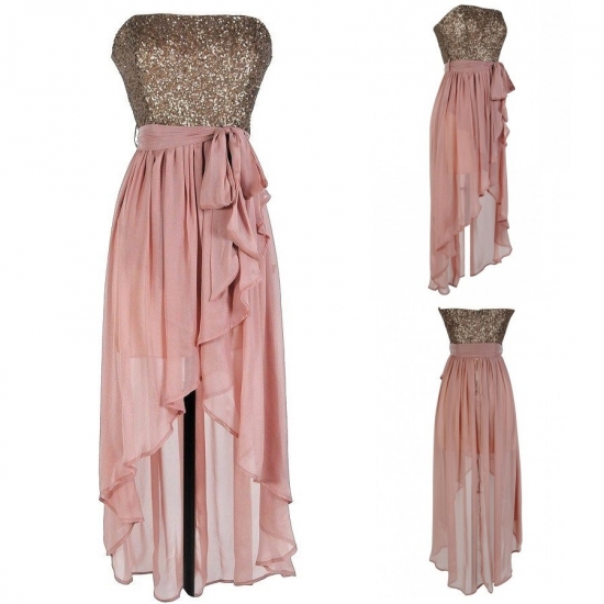 Modern Strapless Sequins High-low Blush Long Bridesmaid Dress With Sash - Click Image to Close