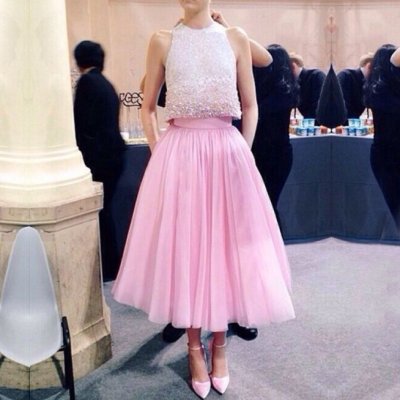 Modern Jewel Pearls Two-piece Tea-length Pink Prom Dress Evening Gown