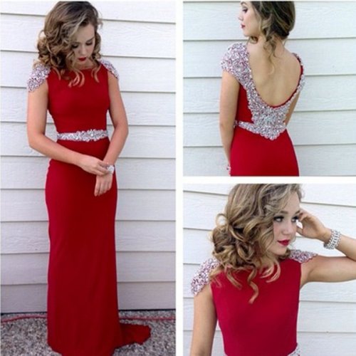 Elegant Red Cap Sleeves Mermaid Backless Dress with Rhinestone