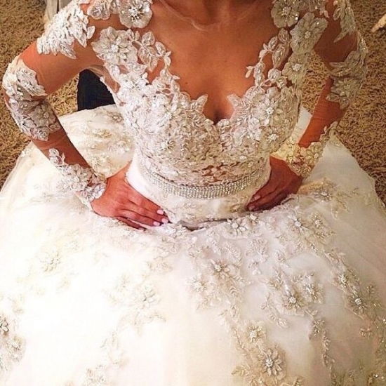 Luxurious Sheer Neck Bridal Wedding Dresses - Ball Gown Long sleeves with Flowers Lace - Click Image to Close