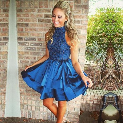 Sexy Short High Neck Dark Navy Homecoming Dresses with Beading Ruffles