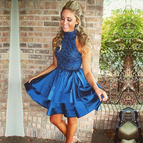 Sexy Short High Neck Dark Navy Homecoming Dresses with Beading Ruffles - Click Image to Close