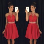 Elegant Halter Short Red Homecoming Dresses with Beaded Waist