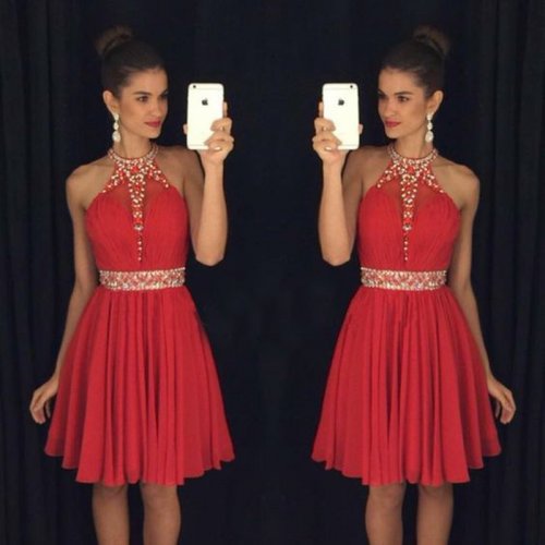 Elegant Halter Short Red Homecoming Dresses with Beaded Waist