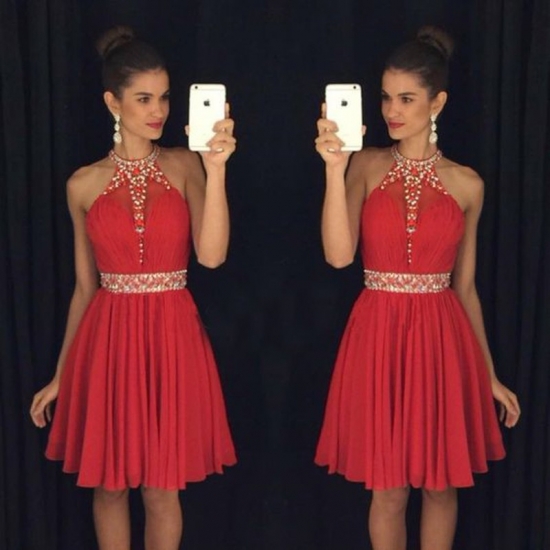 Elegant Halter Short Red Homecoming Dresses with Beaded Waist - Click Image to Close
