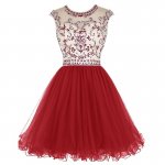 Modern Short Jewel Cap Sleeves Open Back Dark Red Homecoming Dresses Beaded