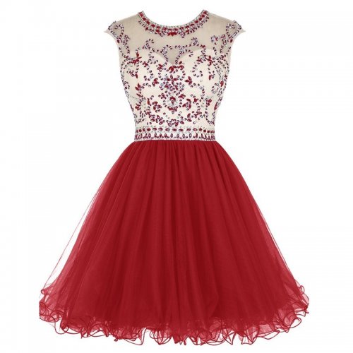 Modern Short Jewel Cap Sleeves Open Back Dark Red Homecoming Dresses Beaded