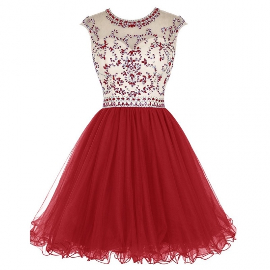 Modern Short Jewel Cap Sleeves Open Back Dark Red Homecoming Dresses Beaded - Click Image to Close