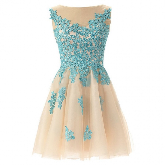 Hot-selling Bateau Sleeveless Short Champagne Homecoming Dresses with Blue Appliques - Click Image to Close