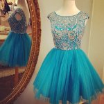 Short Turquoise Homecoming Dress with Beading Rhinestones Open Back