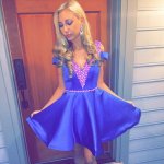 Simple V-neck Short Sleeves Royal Blue Short Homecoming Dress with Crystal