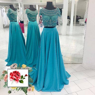 Two Piece Bateau Cap Sleeves Turquoise Prom Dress with Beading Rhinestones