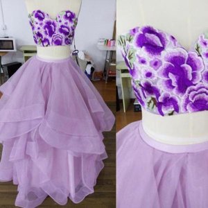 Gorgeous Two Piece Sweetheart Floor-Length Lilac Organza Homecoming Dress with Embroidery