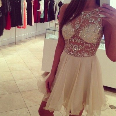 High Quality Jewel Key Hole Back Sleeveless Light Daffodil Chiffon Homecoming Dress with Beading