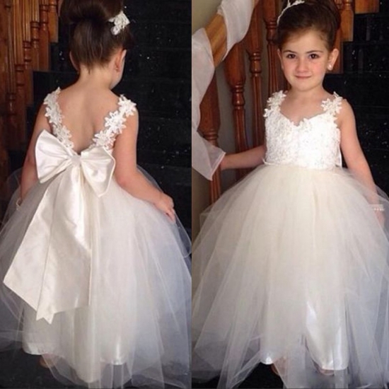 Cute Cheap Flower Girl Dress with Bow Lace Scoop Open Back Under 50 - Click Image to Close