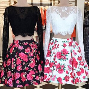 Two Piece Short Homecoming Dress-Long Sleeves Lace Top Floral Satin