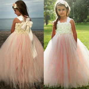 Stunning Light Peach Flower Girl Dress - Square Floor-Lenth with Bow Flower