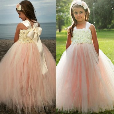 Stunning Light Peach Flower Girl Dress - Square Floor-Lenth with Bow Flower