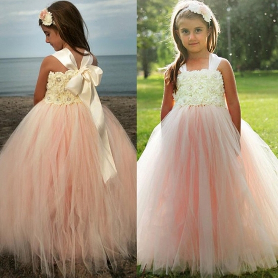 Stunning Light Peach Flower Girl Dress - Square Floor-Lenth with Bow Flower - Click Image to Close