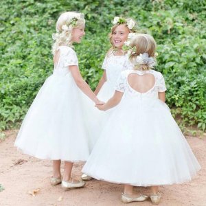 Sweet White Ball Gown Bateau Tea-Length Lace Flower Girl Dress