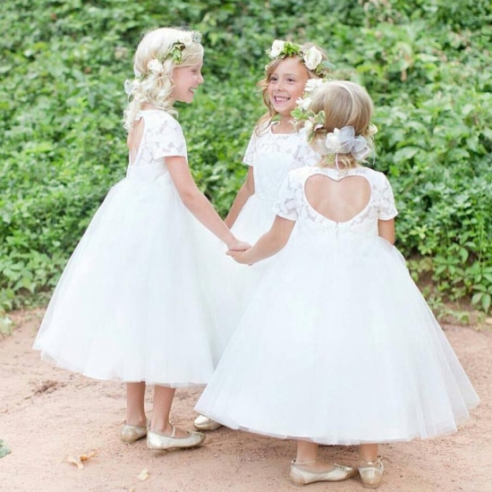 Sweet White Ball Gown Bateau Tea-Length Lace Flower Girl Dress - Click Image to Close