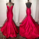 Stylish Red Mermaid Prom Dress - Halter Sleeveless Sweep Train with Beading