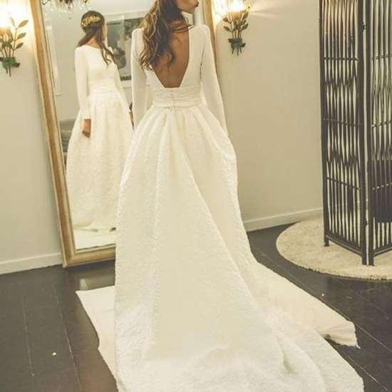 Decent Pleated Wedding Dress - Bateau Long Sleeves Court Train Backless - Click Image to Close