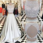 Sparkle Two Piece A-Line Ivory Prom Dress - Crew Sleeveless Floor-Length Beading
