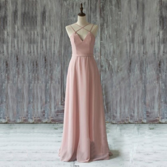 Chic Pink Prom Dress - Floor Length V Neck Sleeveless Criss-Cross Straps - Click Image to Close