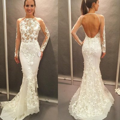 Honorable Mermaid Long Wedding Dress - Crew Neck Long Sleeves Open Back with Lace