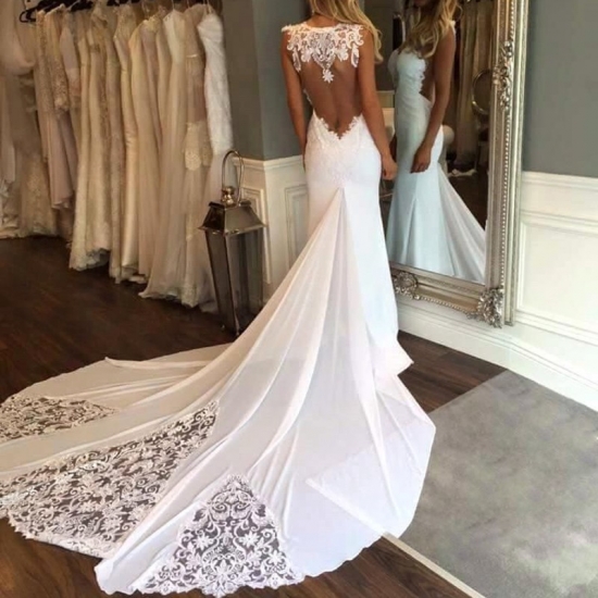 Mermaid Wedding Dress - Jewel Sleeveless Court Train Open Back with Lace - Click Image to Close