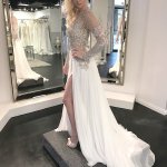 Sheath Jewel Long Sleeves Sweep Train Split Wedding Dress with Beading