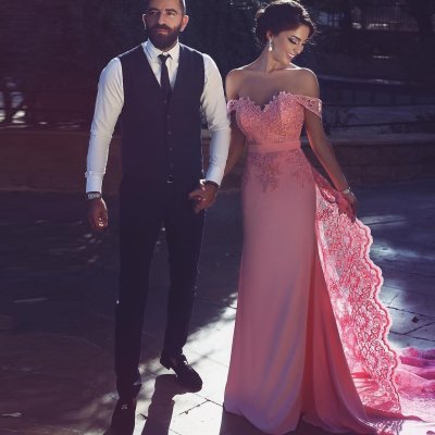 Sheath Pink Off-the-Shoulder Long Ruffles Prom Dress with Sash Lace