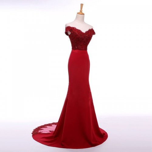 Mermaid Style Off-the-Shoulder Sweep Train Red Prom Dress with Sash Beading Lace