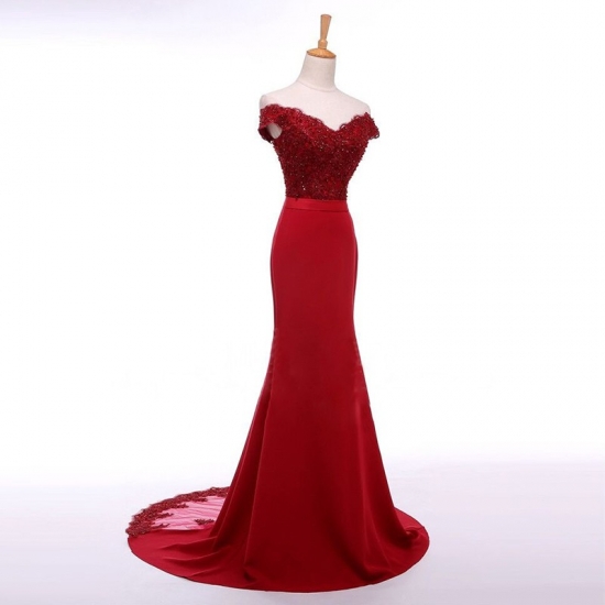 Mermaid Style Off-the-Shoulder Sweep Train Red Prom Dress with Sash Beading Lace - Click Image to Close