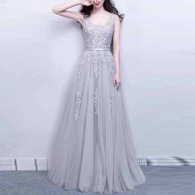 Grey A-line Scoop Floor-Length Prom Dress with Sash Beading Appliques