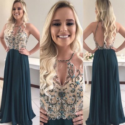 A-line Backless Keyhole Jewel Floor-Length Prom Dress with Beading