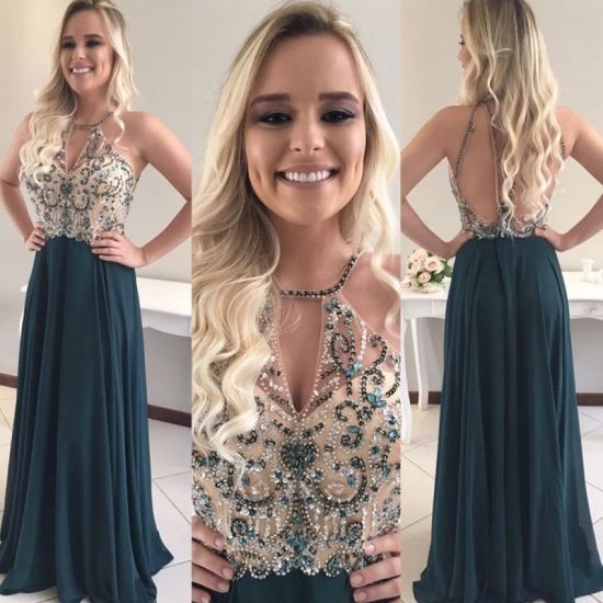 A-line Backless Keyhole Jewel Floor-Length Prom Dress with Beading - Click Image to Close